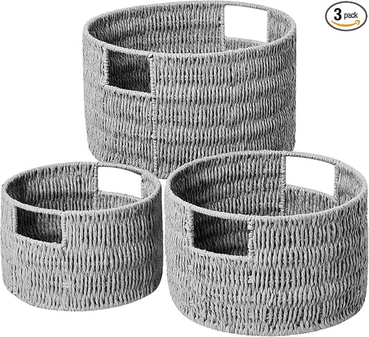 Wicker Storage Basket, Hand-Woven Paper Rope Large Round Woven Basket With Handles, Wicker Baskets for Organizing/Storage, Grey, 3-Pack by Vagusicc