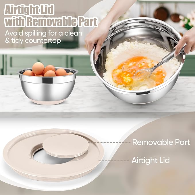 E-far Stainless Steel Mixing Bowls with Lids Set, 5-Piece Nesting Salad Bowls with 3 Grater Attachments and Non-Slip Bottoms, Size 4.6, 2.6, 2, 1.5, 1QT for Kitchen (Khaki) - Image 6