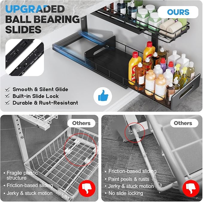 Under Sink Organizer Upgrade To Professional Rails,2-Tier Dual Pull Out Cabinet Storage,Height Adjustable Slide Out Drawers For Bathroom Kitchen,1 Pack-21"Dx12.8"-16.9"H,Black - Image 3