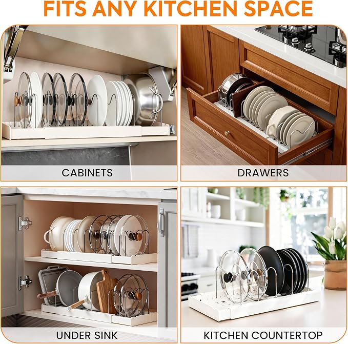 Pots and Pans Organizer under Cabinet, Expandable Adjustable Pot Lid Organizer Rack with 9 Stainless Steel Dividers, Food Storage Container Lid Holder for Kitchen Countertop Storage (White) - Image 7
