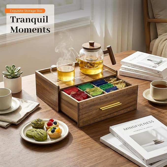 Acacia Wood Tea Bag Organizer with Storage Drawer | 8 Compartments Tea Caddy with Pattern Carving & 2 Ceramic Absorbent Coasters | Wooden Teabag Holder Tea Organizers for Countertop (Acacia) - Image 4