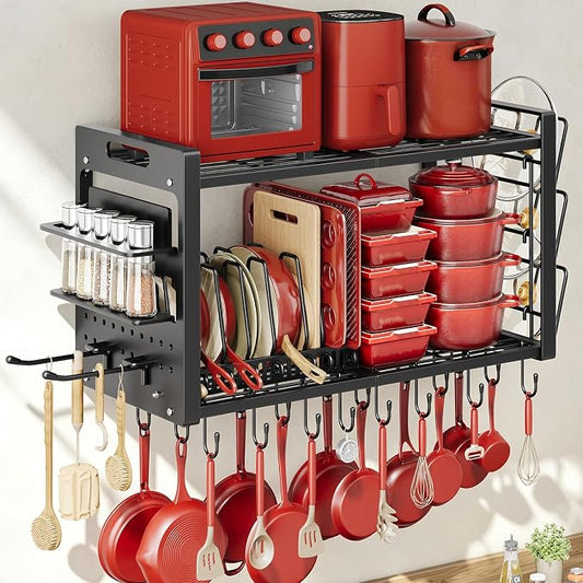 Pot Rack Wall Mount, Hanging Heavy Duty Metal Pan Organizer with 20 Hooks,Pot Shelf with 3 Pot Lid Holder with 8 Adjustable Dividers Loads 100lbs for Kitchen Cookware and Utensil storage by Unknown