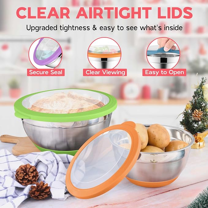 Onader Colorful Mixing Bowl Set of 6 for Kitchen, Large Stainless Steel Metal Nesting Mixing Bowls with Airtight Lids, Non Slip - Size 0.7, 1, 1.5, 2, 2.6, 4.6QT - Image 3