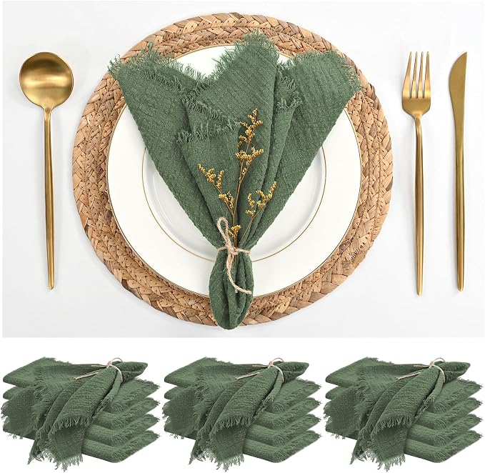 12 Pack Olive Green Cloth Napkins Cotton Linen Napkins 16 x 16 Inch Green Napkin Cloth Handmade with Fringe Soft Napkin Cloths Washable Rustic Dinner Napkin Cloths for Wedding Party Dinner Table by ABKLESACH