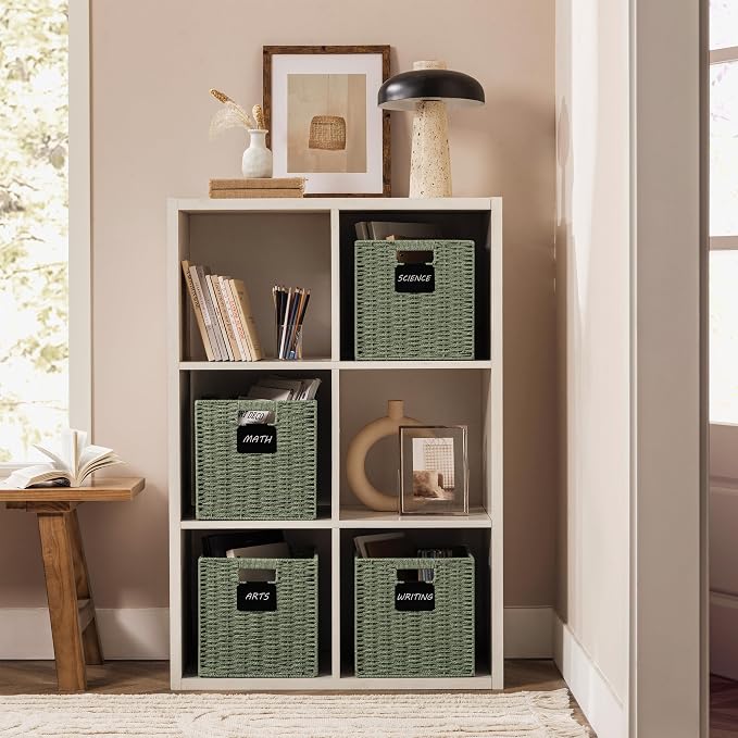 UBBCARE 4 Pack Wicker Basket, 12×12 Storage Cubes with Label, Foldable Cube Storage Bin with Handle, Square Storage Basket for Shelves, Woven Paper Rope Basket for Organizing, Dark Green - Image 5