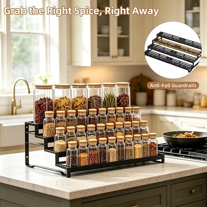 Expandable Spice Rack Organizer for Cabinet 4 Tier Spicy Shelf Black 1Pack | Adjustable Length 13"-21", Easy to See Labels, Sturdy Metal, Slip-Resistant Guardrails for Jars, Cabinet & Countertop Storage - Image 3