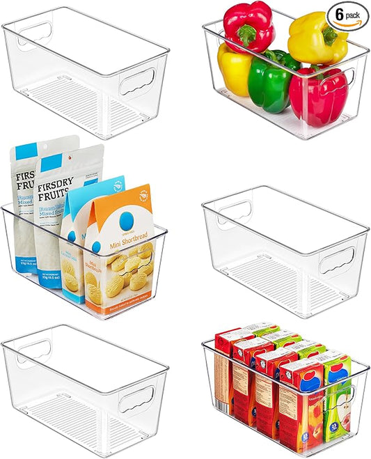 Vtopmart 6 Pack Clear Storage Bins, Pantry Storage Bins with Handle, Small | Plastic Pantry Organizer Containers for Kitchen, Refrigerator, Fridge, Cabinet, Countertops, Home Organization and Storage by Vtopmart
