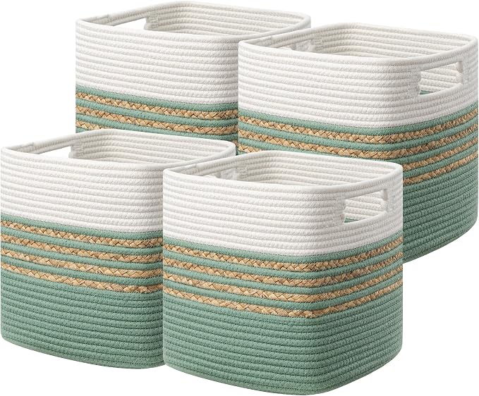 UBBCARE Set of 4 Storage Cubes 13 X 13 X 13 in, Water Hyacinth Storage Bins for Shelves, Toys, Book, Storage Baskets with Handles, Cotton Rope Woven Baskets for Organizing, Green by UBBCARE