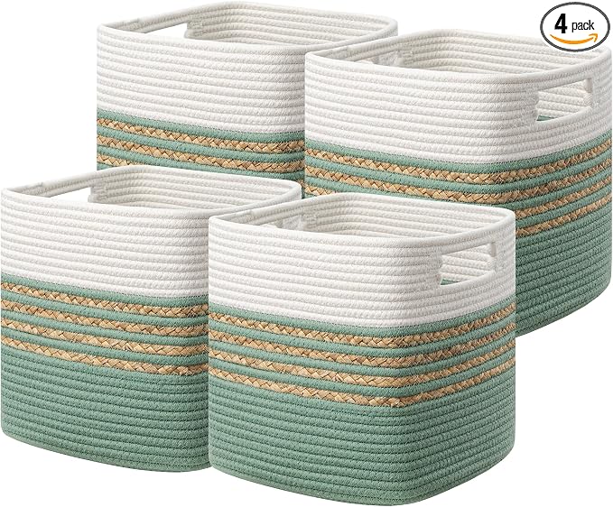 UBBCARE Set of 4 Storage Cubes 11 X 10.5 X 10.5 in, Water Hyacinth Storage Bins for Shelves, Toys, Books, Organizing Baskets with Handles, Cotton Rope Woven Baskets, Green by UBBCARE