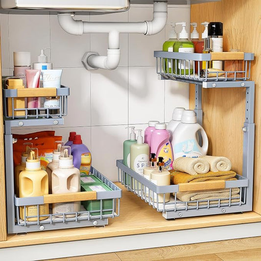 PXRACK Under Sink Organizer, Adjustable Height, 2 Tier Pull Out Under Cabinet Organizer, Slide Out Thickened Metal Under Sink Storage for Kitchen Bathroom Laundry Pantry Cabinet, Grey, Large-2-Pack by PXRACK