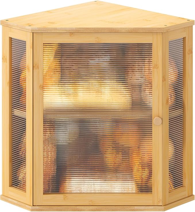 Corner Bread box for Kitchen Countertop,Farmhouse Bread Box with Acrylic Wavy Door Panel,Large Bread box for kitchen countertop,Food Storage Container (Natural, Extra Large) by Wieghda