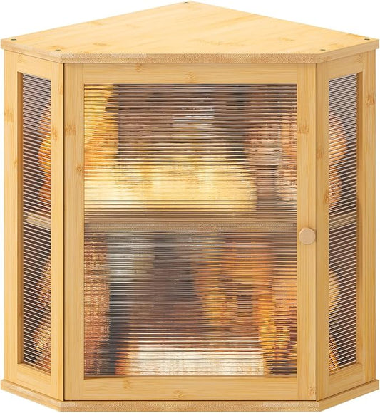 Corner Bread box for Kitchen Countertop,Farmhouse Bread Box with Acrylic Wavy Door Panel,Large Bread box for kitchen countertop,Food Storage Container (Natural, Extra Large) by Wieghda