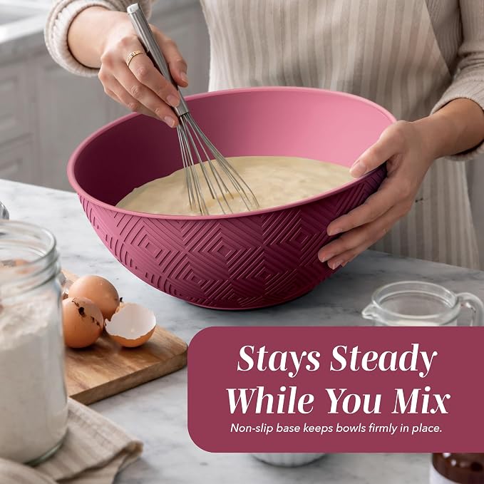 COOK WITH COLOR Mixing Bowls with Lids - 12 Piece Plastic Nesting Bowls Set includes 6 Prep Bowls and 6 Lids, Microwave Safe Mixing Bowl Set, Rose Rhombus - Image 6