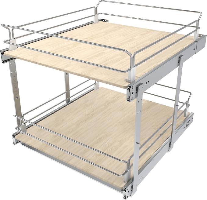 2 Tier Pull Out Cabinet Organizer 20.08" W X 22" D, Wood & Chromed | Full Slide Out Drawers For Kitchen Cabinets, Cabinets Capacity Heavy Duty Caddy, Cabinet Pullout Shelves , Pantry Storage by STORKING
