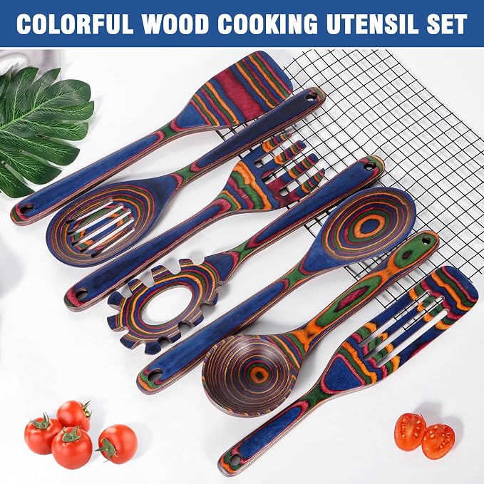 MYRAINBOW Wooden Spoons for Cooking – 7 Piece Pakkawood Kitchen Utensils Set with Spatulas, Spoons, Ladles, and Turner for Mixing, Serving & Cooking - Image 3