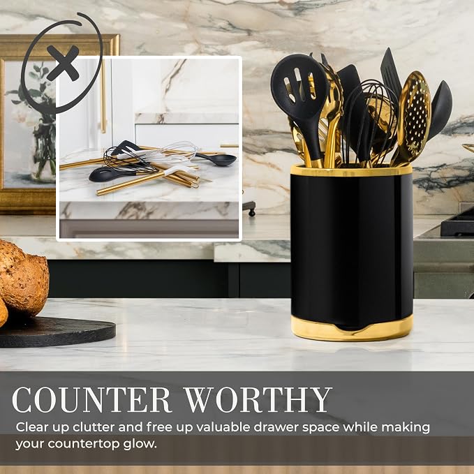 Styled Settings Black and Gold Cooking Utensils Set, 13-Piece | Kitchen Set with Black Ceramic Utensil Holder and Stackable Gold Spoon Rest - Luxury Kitchen Accessories for Stylish Cooking - Image 8