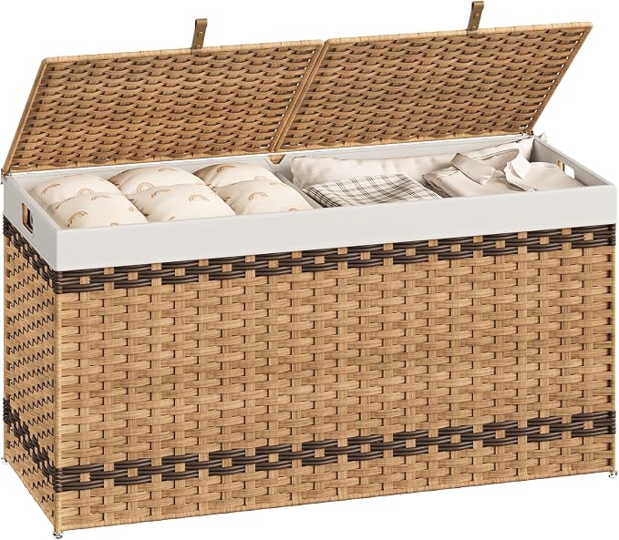 HOOBRO Storage Basket with Lid, 52.8 Gallon (200L) Wicker Storage Basket with 2 Separate Lid, Blanket Storage Bin with 2 Removable Liner Bags, for Bedroom, Laundry, Natural and Brown NL277CW01 - Image 9
