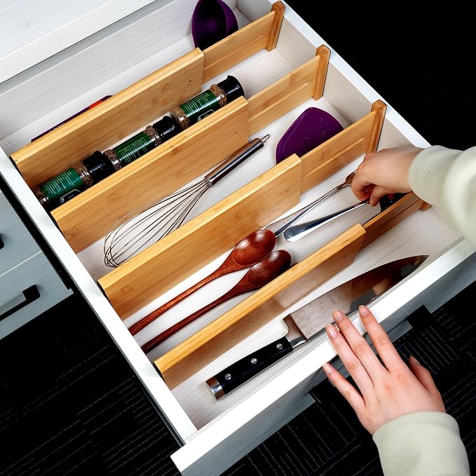 Utoplike Bamboo Drawer Organizer, 4" H Dresser Drawers Dividers for Clothes | Adjustable Drawers Organizers for Clothing, Silverware, in Kitchen, Bathroom, Bedroom Drawer, Fit 14"-16" Drawers - Image 5