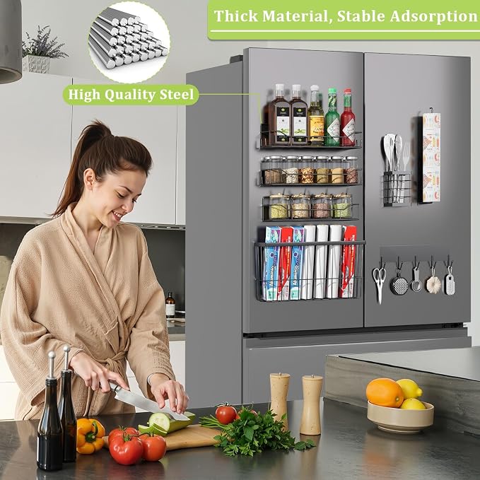 Magnetic Spice Rack for Refrigerator, 7 Pack Magnetic Fridge Shelf for Kitchen Organization Storage, Moveable Spice Organizer W/Paper Towel Holder, Utensil Caddy, Cutting Board Rack (Black) - Image 6