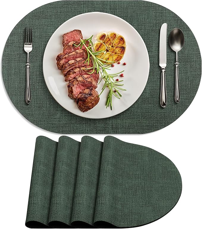 Placemats Set of 4 - Washable Heat Resistant Table Placemats - Wipeable Faux Leather Oval Place Mats, Waterproof Table Mats for Dining Table, Green by Delicateandelegantplacemats