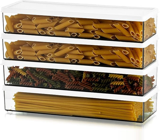 Hanobe Large Airtight Pasta Storage Containers, BPA-Free, 2.4L, 4-Pack | Stackable rectangular design, fits spaghetti, lasagna, noodles, clear grey plastic, for kitchen pantry and fridge by Hanobe