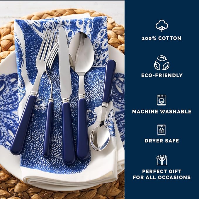 Lucy the Octopus Dinner Napkins Set of 4 | 100% Cotton Cloth Set for Entertaining or Everyday Table | Perfect for Wedding, Birthday, Christmas Blue and White, 22 Inch Square - Image 3
