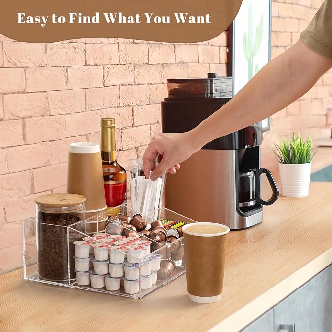 BEYGORM Acrylic Coffee Bar Station Organizer for Countertop | Coffee Gift for Coffee Lovers, Office Breakroom Storage Holder for Kcup Pod, Condiment, Cup, Tea, Creamer, Syrup (Clear) - Image 4