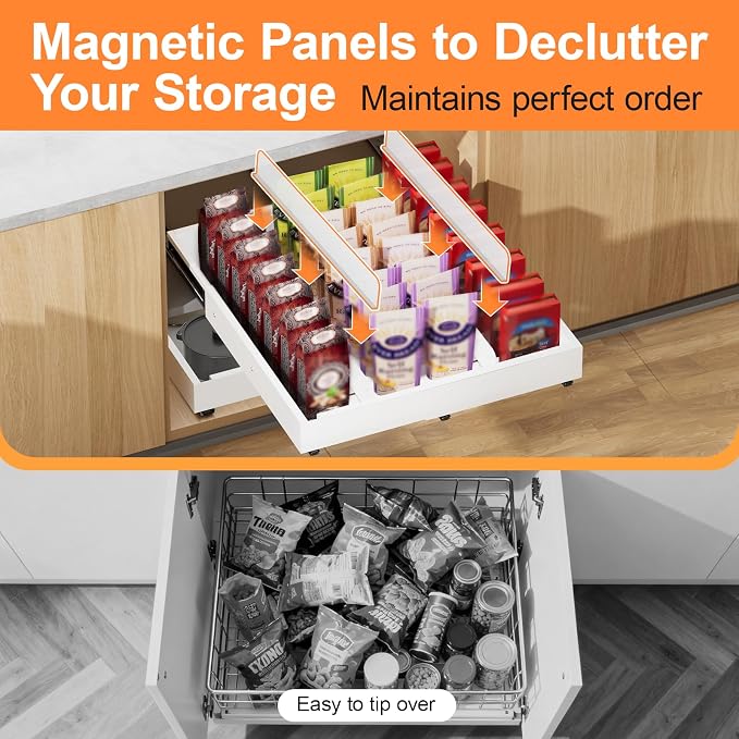 Pull out Cabinet Organizer Expandable W(12"-20") and D(16"-22"), No Drill Adjustable Slide Out Drawers With 3 Slide Rails, 2Pcs Magnetic Panel, Adhesive Roll out Shelves for Kitchen, Cabinets, Pantry - Image 5
