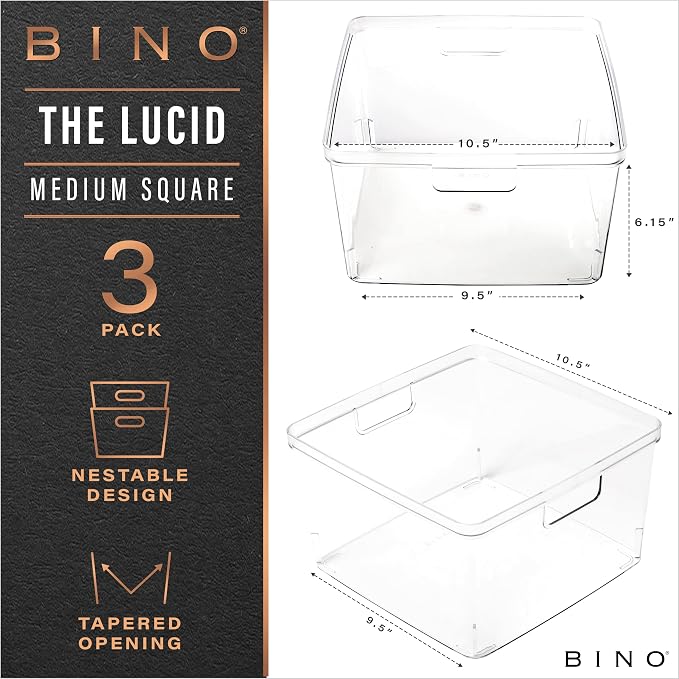 BINO | Plastic Storage Bins, Square - 3 Pack | THE LUCID COLLECTION | Multi-Use Bins | Built-In Handles | BPA-Free | Clear Containers | Fridge Organizer | Pantry & Home Organization - Image 2