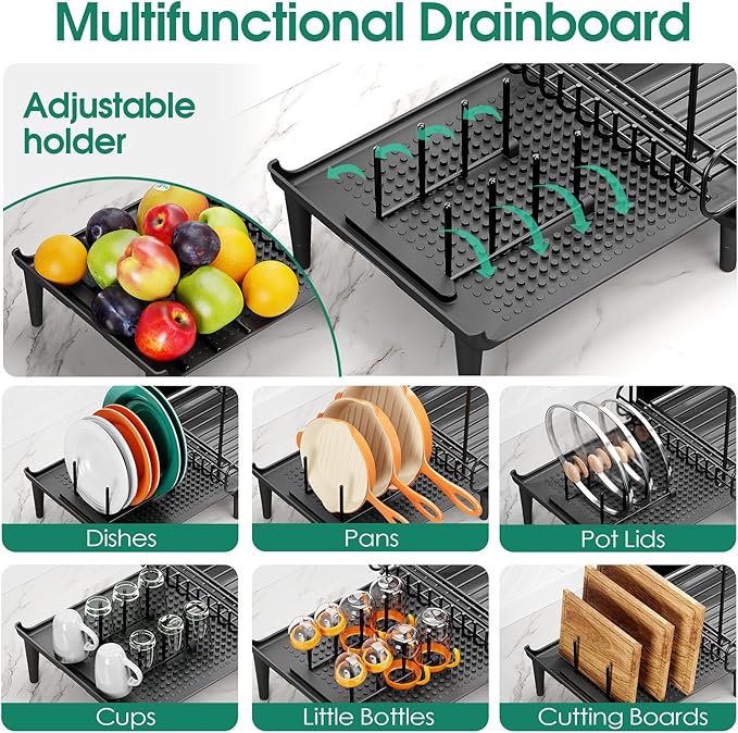 Urackify Dish Drying Rack for Kitchen Counter, Expandable 2 Tier Dish Rack, Large Capacity Dish Drainer with Drainboard Multifunctional Dish Strainer with Removable Cutlery Holder Black | 2 Tier. Expands from 16.9 to 26.6 inches to fit more dishes, wit... - Image 3