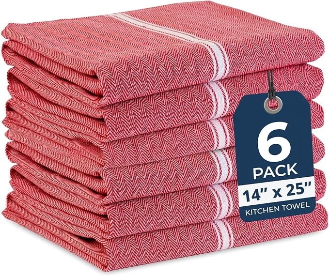 LANE LINEN Kitchen Towels Set - 100% Pure Cotton Dish Towels for Kitchen, Super Absorbent Kitchen Hand Towel, Tea Towels, Soft & Durable Dish Cloths, Pack of 6 – 14”x25”, Red by LaneLinen