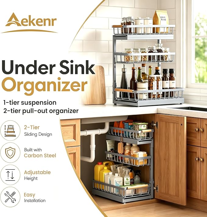 Under Sink Organizer and Storage for Bathroom and Kitchen - 2 Pack 3 Tier Cabinet Pull Out Shelf Organizers - Slide Out Drawer Organization for Home Cabinets Shelves and Drawers - Image 2