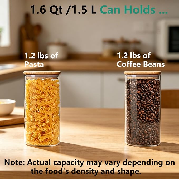 VIEWELLD 1.6 Qt Square Glass Storage Containers with Lids, Clear Food Storage Container Jar with Sealing Bamboo Lid for Noodles Flour Cereal Rice Sugar Tea Coffee Beans,Square Set of 3 - Image 3