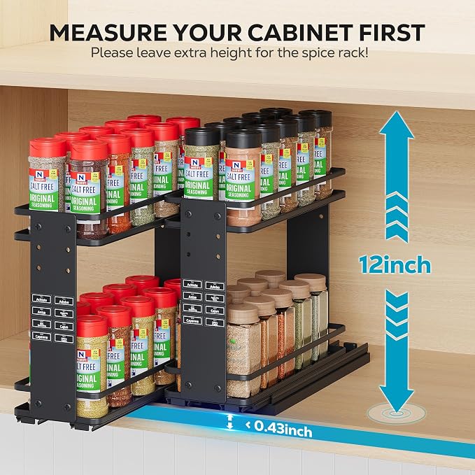 Nieifi Pull Out Spice Rack Organizer, 2 Tiers, Black | Spice Organization for Cabinet, Height Adjustable, Easy to Install - Image 3