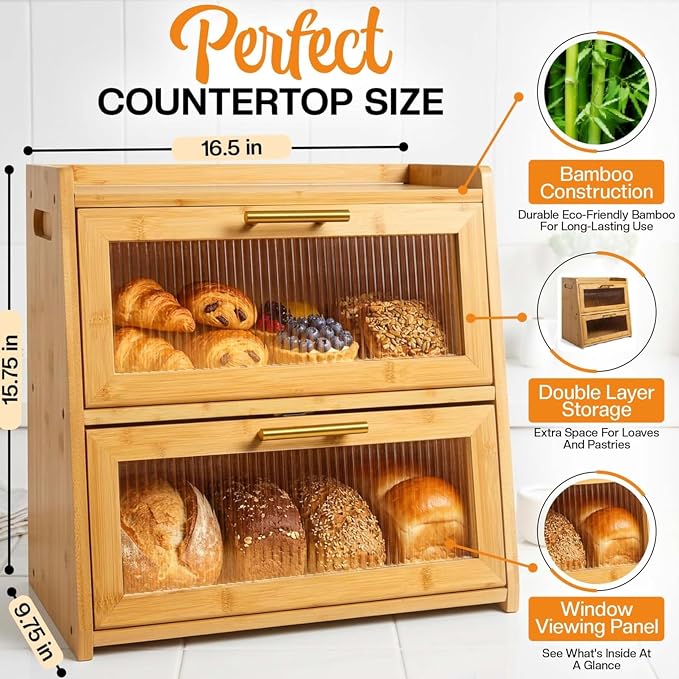 Extra Large Bamboo Bread Box for Kitchen Countertop, Double Layer Wooden Breadbox Holds Multiple Loaves of Homemade Bread, 16.5 Inch Storage Container with Frosted Acrylic Windows - Image 2