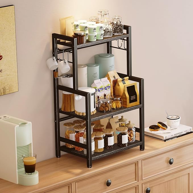 Kitchen Countertop Organizer, 3 Tier Large Spice Rack Organizer with Adjustable Shelf and 5 Hooks, Wooden Counter Organizer, Space Saving Countertop Shelf Microwave Stand for Kitchen,Coffee Bar,Black - Image 3
