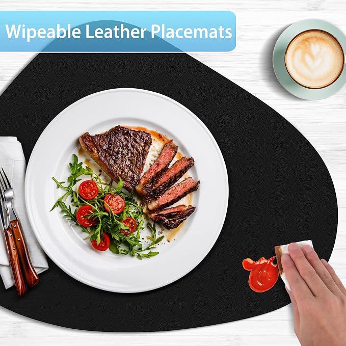 Faux Leather Placemats Set of 4, Wipeable & Washable Table Mats | Waterproof, Heat-Resistant & Easy to Clean Round Place Mats for Dining & Kitchen, 17''x13'', Black - Image 3