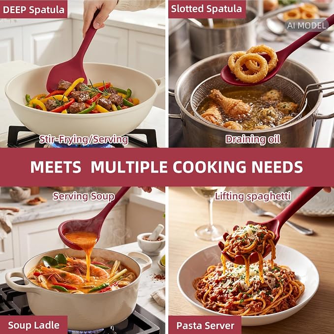 Kitchen Utensils Set,9 PCS Silicone Cooking Utensils Set Spatula Set,Cooking Utensils Tool,Tongs,Spoon,Whisk,Brush,Dishwasher Safe Kitchen Gadgets for Non-Stick Cookware,Home Essential(Red) - Image 3