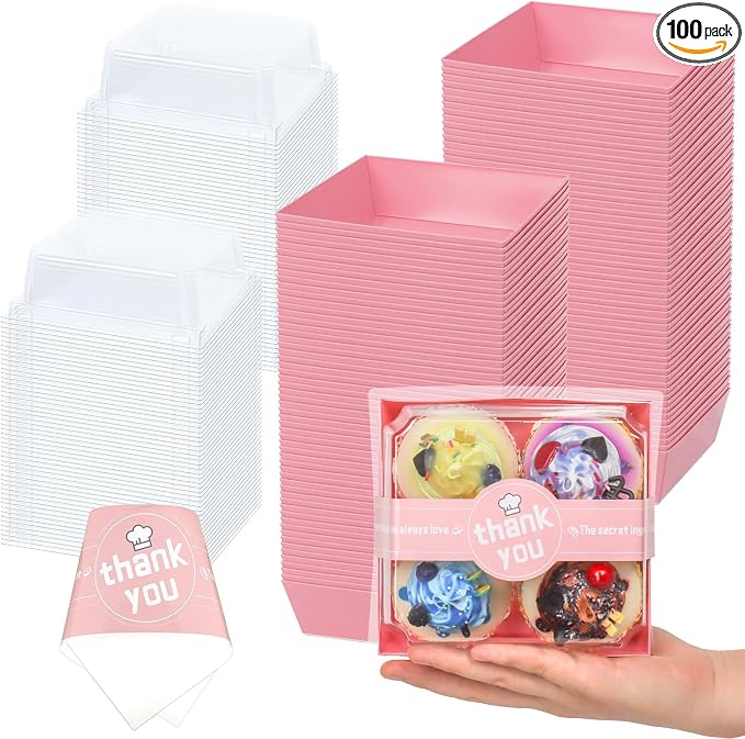 Pink Charcuterie Boxes with Clear Lids, 100 Bakery Containers | Food-Grade Material, Snug Fit, 5.3 x 4.9 x 2.5 in, Printed Bands, Dessert Takeout, Catering, Individual Portions by DERZIFUN