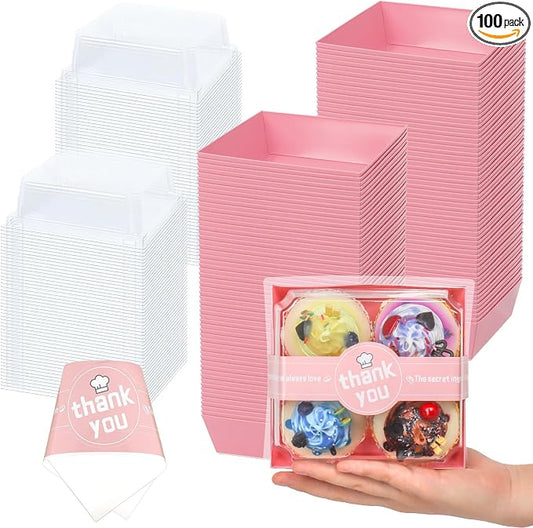 Pink Charcuterie Boxes with Clear Lids, 100 Bakery Containers | Food-Grade Material, Snug Fit, 5.3 x 4.9 x 2.5 in, Printed Bands, Dessert Takeout, Catering, Individual Portions by DERZIFUN