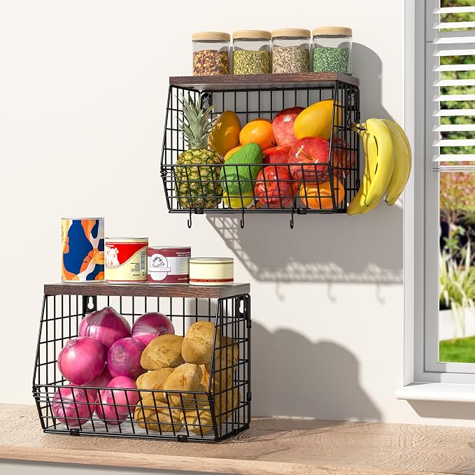 Wawocs Fruit Basket for Kitchen Counter, Fruit Bowl Stackable Wall Mounted Hanging Fruit Basket Wire Basket with Wood Lid with Banana Hanger Hooks, Onion,Potato,Fruit and Vegetable Storage - Image 9