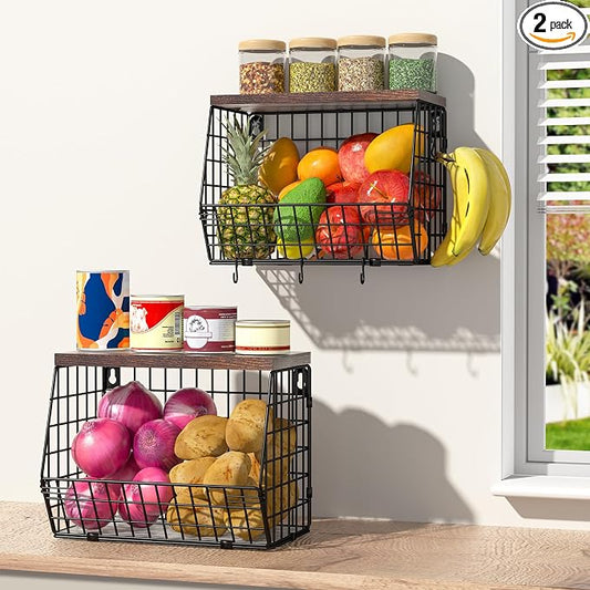 Wawocs Fruit Basket for Kitchen Counter 2 Tier Fruit Bowl, Stackable Wall Mounted Hanging Fruit Basket Wire Baskets with Wood Lid with 4 Banana Hanger Hooks, Onion Basket, Fruit and Vegetable Storage by Wawocs
