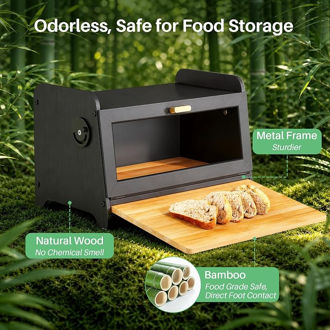 SNTD Bread Box for Kitchen Countertop, Bamboo Cutting Board, 1 Tier, Black | Adjustable Vent Hole, Airtight Design, Natural Wood, Magnetic See-through Door, Metal Frame, Homemade Bread Storage Container - Image 3