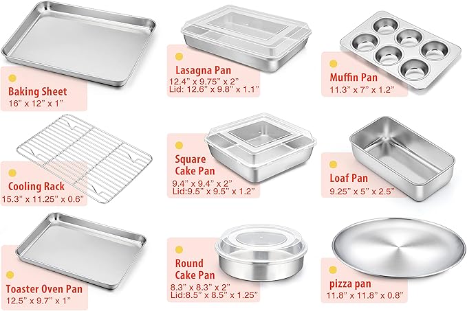TeamFar Stainless Steel Bakeware Set of 9 | Baking Sheet with Rack, Baking Pan & Pizza Pan, Lasagna Pan with Lid, Square & Round Cake Pan with Lid, Muffin & Loaf Pan - Image 2