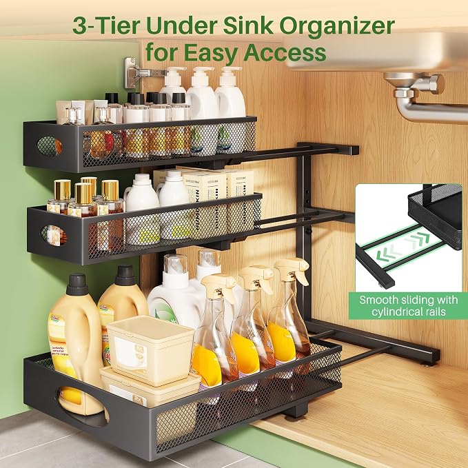 Kitstorack Under Sink Organizer 3-Tier Slide Out Drawer 2-Pack Black | Height Adjustable, Metal Mesh Storage Rack, Pull out Cabinet Organizer Shelf for Bathroom Kitchen Pantry Home Organization - Image 4