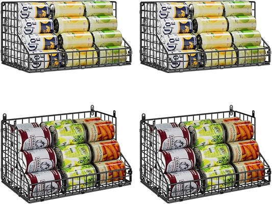 4 Pack Stackable Can Rack Organizer for Pantry Storage,Can Dispensers with 4 Adjustable Dividers, 2-Tier Metal Wire Basket Holds up to 84 Cans for Kitchen Cabinet Pantry, Black by JKsmart