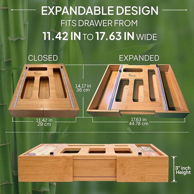 3" Slim 6-in-1 Expandable Storage Bag Organizer Kitchen Drawer - Bamboo Baggie Organizer for Drawer, Aluminum Foil & Saran Wrap Cutter, Plastic, Gallon, Quart & Sandwich Bags (11.5"-17.63" Wide) - Image 2