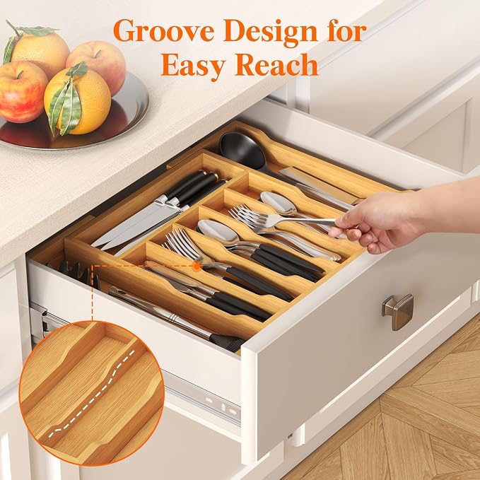 Lifewit Silverware Drawer Organizer, Expandable Utensil Tray for Kitchen, Flatware and Cutlery Holder, Wood Adjustable Storage for Spoons Forks Knives, 13-22x15/ 33-56x38cm, Natural | Expandable Flatware and Cutlery Holder, Adjustable Storage for Spoon... - Image 6
