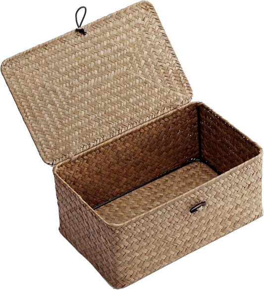 Nonam Small Basket with Lid, Natural Seagrass Bin with Lid, Shelf Baskets Multipurpose Container for Boho Decoration, Rectangular Household Storage Boxes for Home Organization-Coffee by Unknown