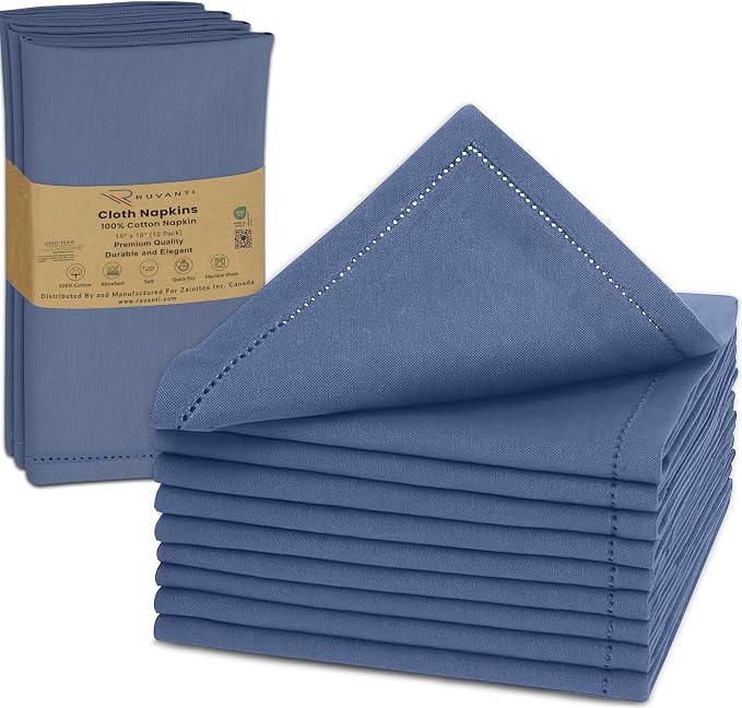 Ruvanti Cloth Napkins Set of 12, 100% Cotton High GSM 18x18 Inches, Hem Stitched Corners, Soft, Washable, Highly Durable & Absorbent, Perfect for Parties, Christmas, Thanksgiving Dinners – Bijou Blue by Ruvanti
